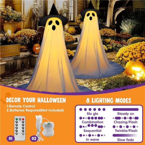 2 Packs 47'' Halloween Decorations Outdoor Standing Ghost, Light Up - Picture 3 of 8
